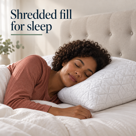A fictional adult woman sleeps on her side with her head resting on one white rectangular pillow with rounded piping and a stitched geometric surface.