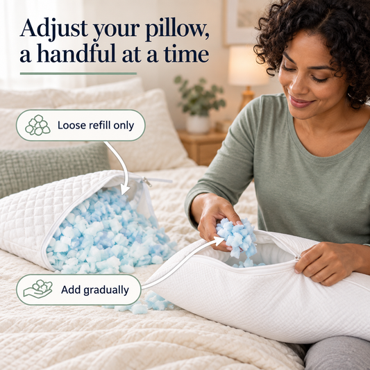 Woman adding a small handful of shredded memory-foam refill from a white quilted pouch to a separate zippered pillow.