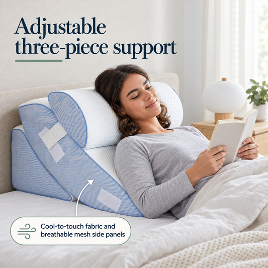 Adult reclining and reading in bed against the white and blue three-piece Cooling Wedge Pillow, with the mesh-like side panel and rounded upper component visible.