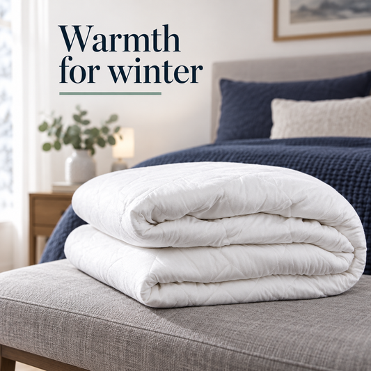 Folded white quilted electric blanket on a bedroom bench, with the heading Warmth for winter.