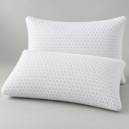 Two white rectangular adjustable pillows from the Standard two-pack, arranged on a pale neutral studio surface with rounded corners, stitched edges and raised geometric cover texture.