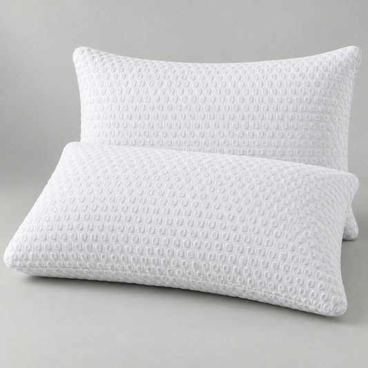 Two white rectangular adjustable pillows from the Standard two-pack, arranged on a pale neutral studio surface with rounded corners, stitched edges and raised geometric cover texture.