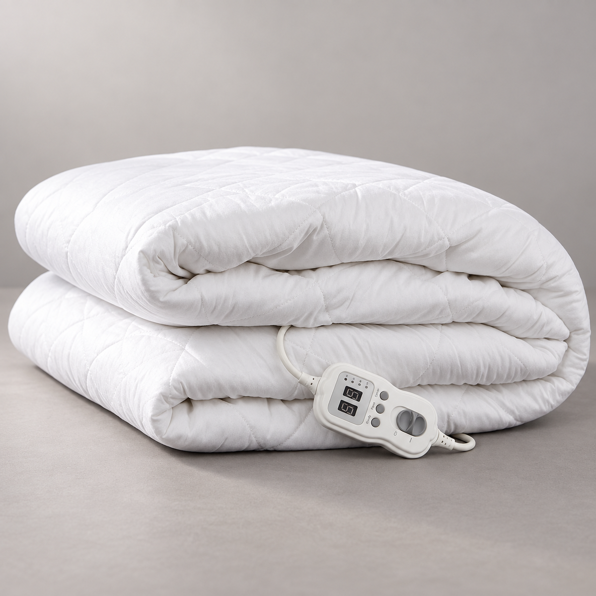 Folded white quilted electric blanket with a light wired controller on a neutral surface.