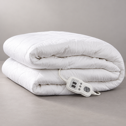 Folded white quilted electric blanket with a light wired controller on a neutral surface.
