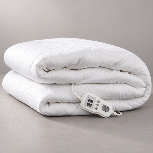 Folded white quilted electric blanket with a light wired controller on a neutral surface.