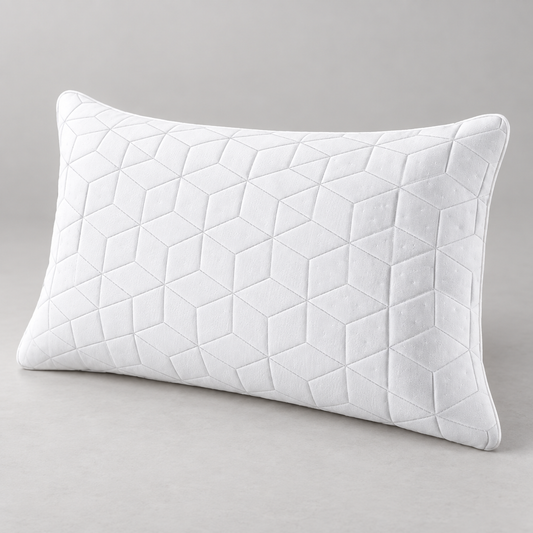 One white rectangular pillow with rounded piped edges and a repeating stitched geometric pattern, photographed alone on a pale grey background.
