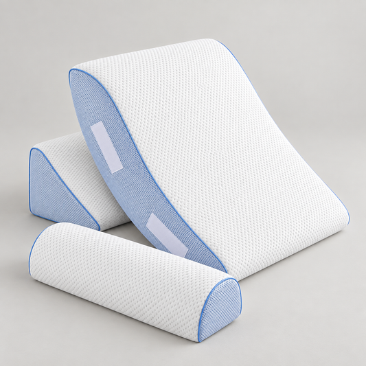Cooling Wedge Pillow three-piece set with a white textured main wedge, blue mesh-like side panels and piping, a separate base piece and a rounded semi-cylinder component.