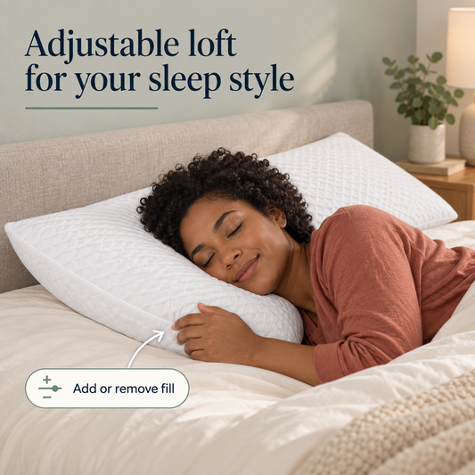 Fictional woman side sleeping on a white textured adjustable pillow, with the second pillow from the Standard two-pack resting near the headboard. Text notes that fill can be added or removed.