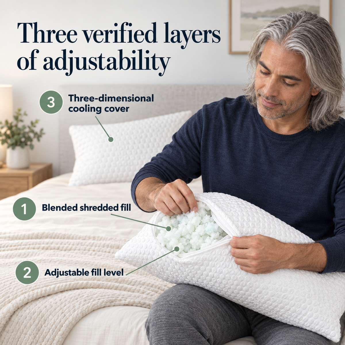 Fictional man adjusts loose fill through the edge of a white textured pillow while a second pillow rests behind him. Three labels identify the blended shredded fill, adjustable fill level and three-dimensional cooling cover.
