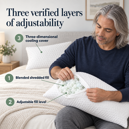Fictional man adjusts loose fill through the edge of a white textured pillow while a second pillow rests behind him. Three labels identify the blended shredded fill, adjustable fill level and three-dimensional cooling cover.