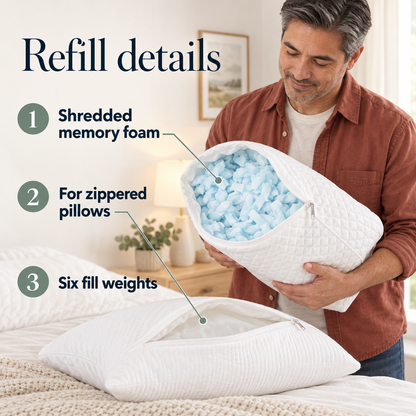 Open white quilted pouch of shredded memory-foam refill beside a zippered demonstration pillow, with material, compatibility and fill-weight features.