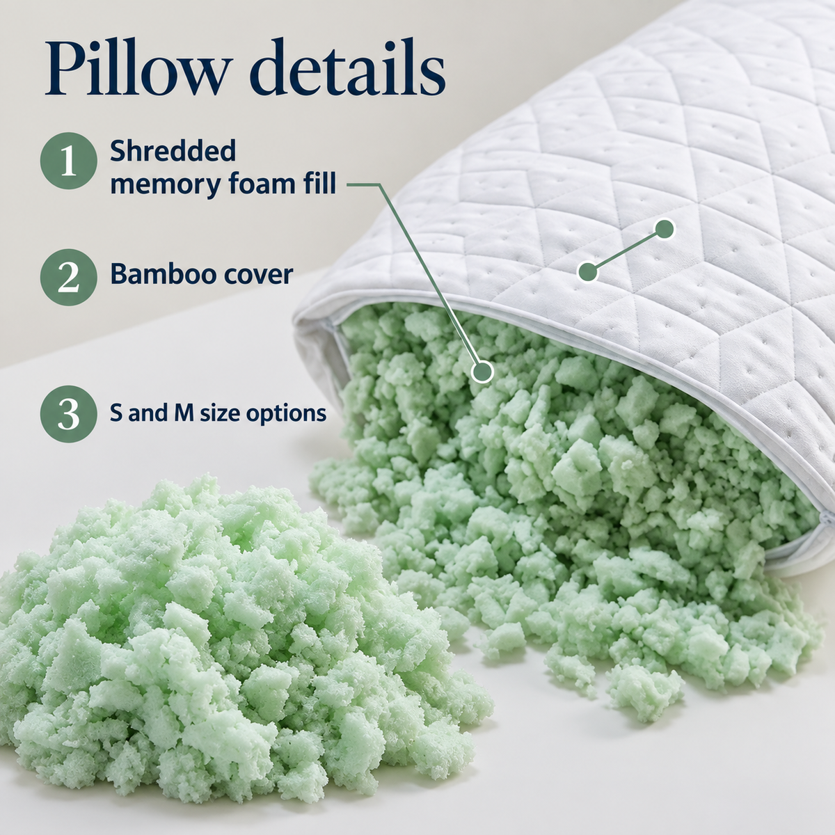 One white patterned pillow shown open at one end with pale green irregular shredded-looking fill visible, alongside labels for shredded memory foam fill, bamboo cover and S and M size options.