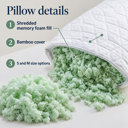 One white patterned pillow shown open at one end with pale green irregular shredded-looking fill visible, alongside labels for shredded memory foam fill, bamboo cover and S and M size options.