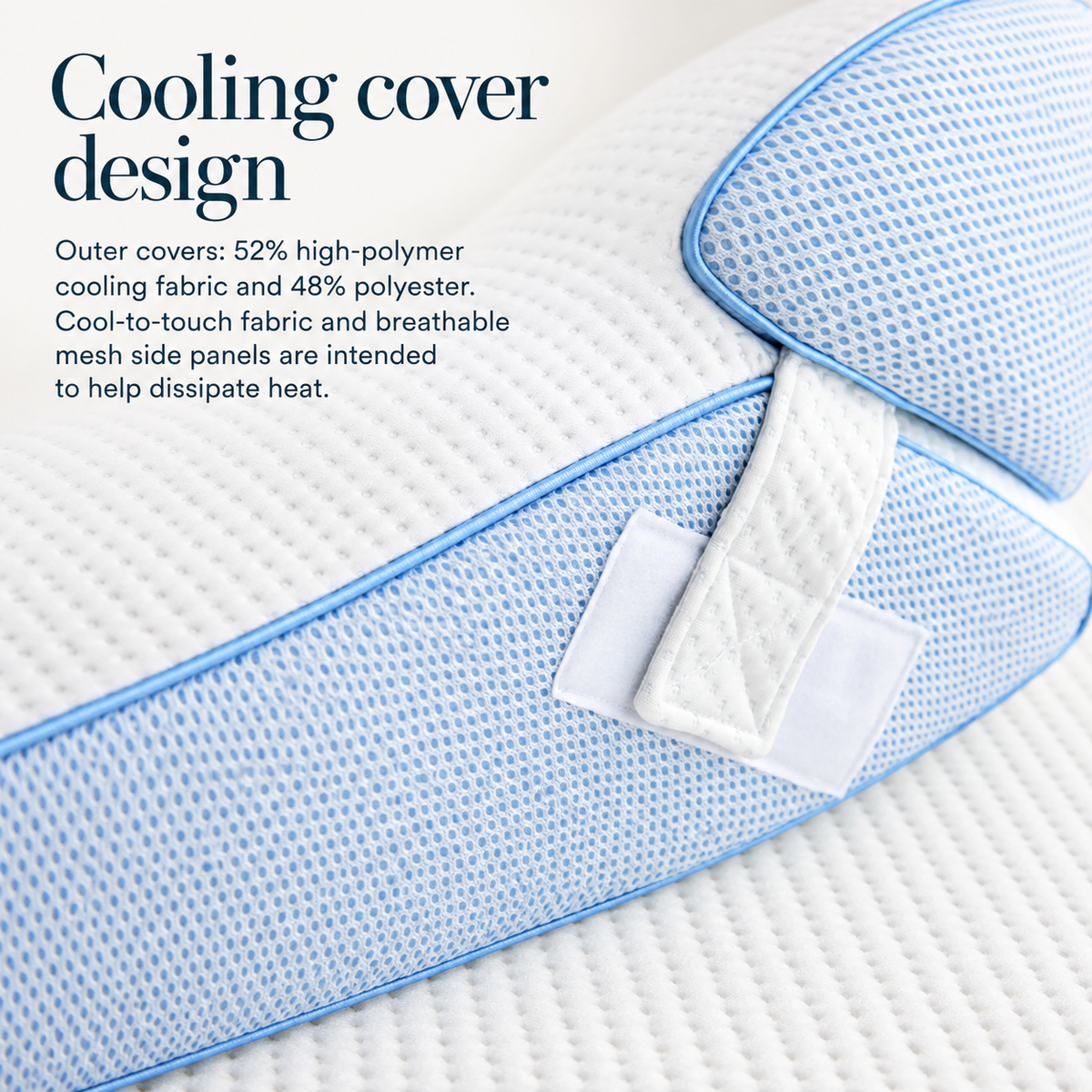 Close view of the Cooling Wedge Pillow's white textured cover, blue mesh-like side panel, curved blue piping and pale fabric tabs.