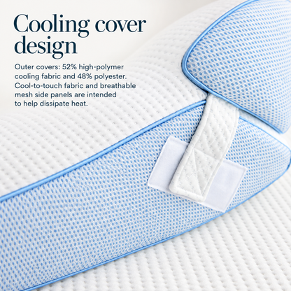 Close view of the Cooling Wedge Pillow's white textured cover, blue mesh-like side panel, curved blue piping and pale fabric tabs.