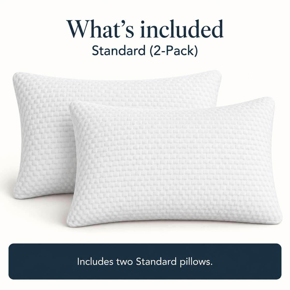 Two white textured rectangular pillows shown together on warm ivory, representing the selected Standard two-pack. No dimensions are displayed.