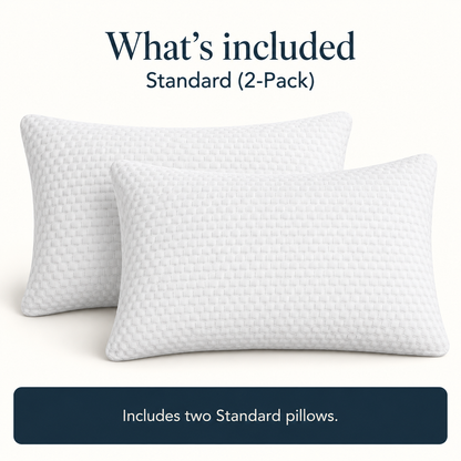 Two white textured rectangular pillows shown together on warm ivory, representing the selected Standard two-pack. No dimensions are displayed.