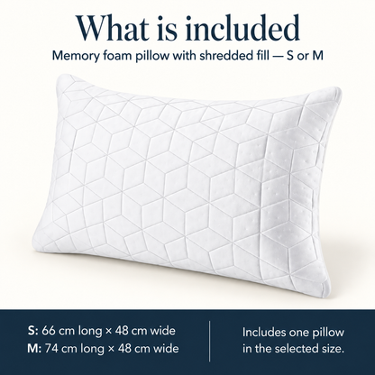 One white rectangular patterned pillow with text listing S as 66 × 48 cm, M as 74 × 48 cm, and one pillow included in the selected size.