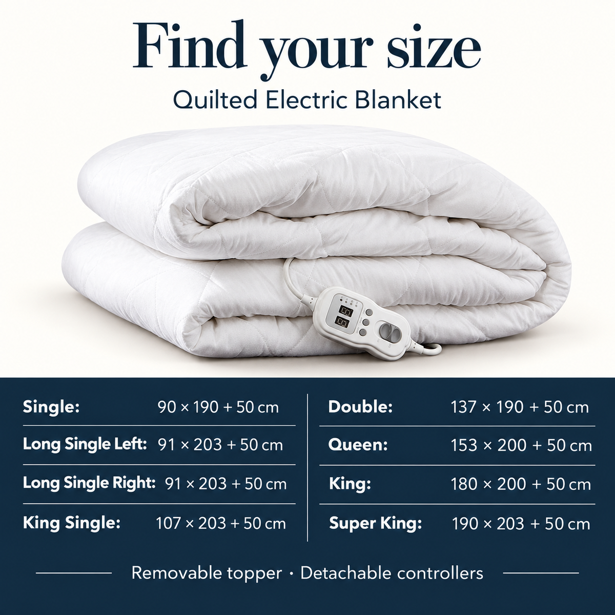 Electric blanket size guide listing all eight size options and their dimensions in centimetres.