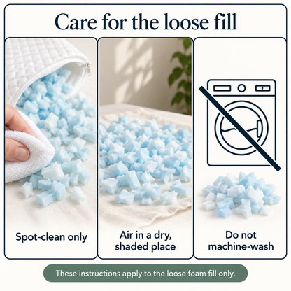 Three-step care guide for loose shredded memory-foam fill: spot-clean, air in a dry shaded place and do not machine-wash.
