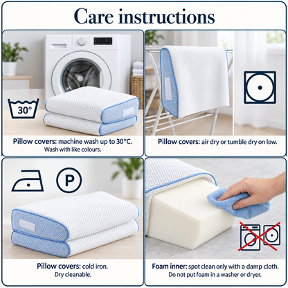 Four-cell care guide: machine wash the pillow covers up to 30°C, air dry or tumble dry on low, cold iron or dry clean, and spot clean the foam inner with a damp cloth only.