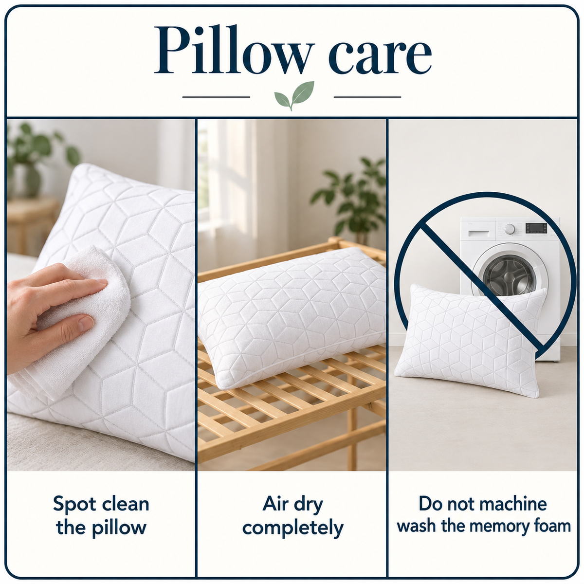 Three care instructions for the white patterned pillow: spot clean, air dry completely and do not machine wash the memory foam.