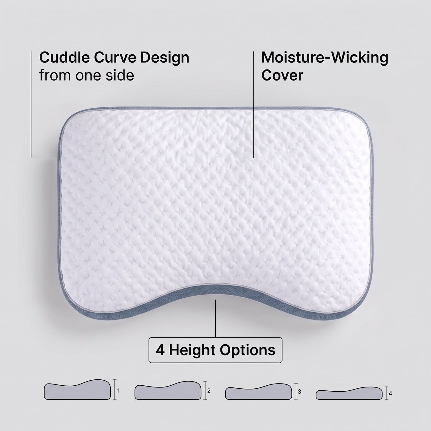 Somvane Contour Curve Pillow showing the curved design, moisture-wicking cover and four profile options