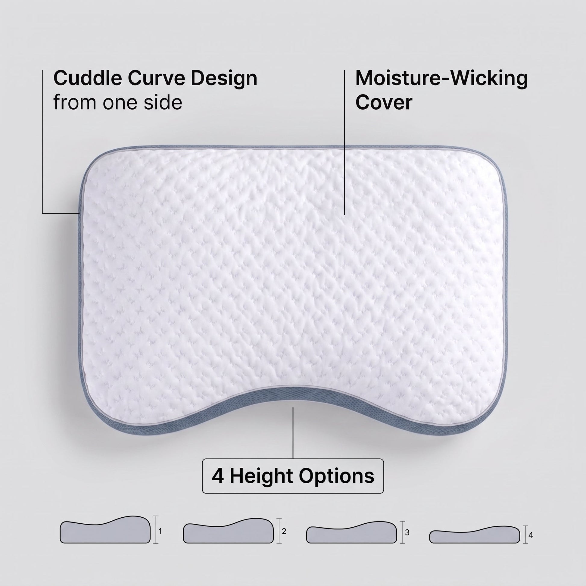 Somvane Contour Curve Pillow showing the curved design, moisture-wicking cover and four profile options