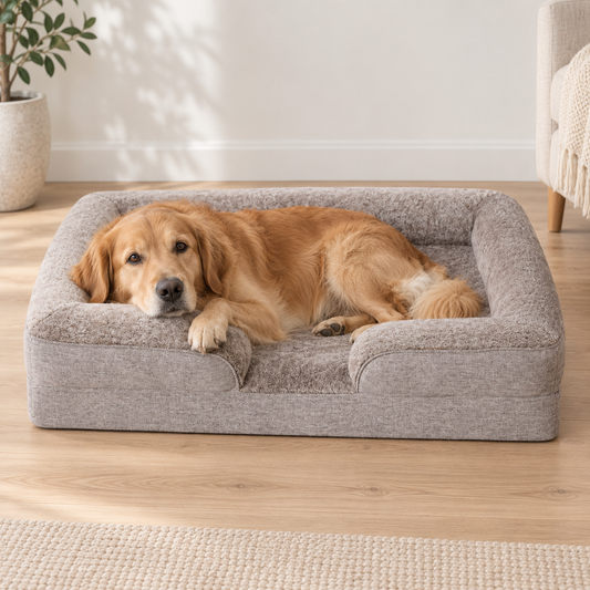 Dog resting on the Husky plush bolster bed indoors