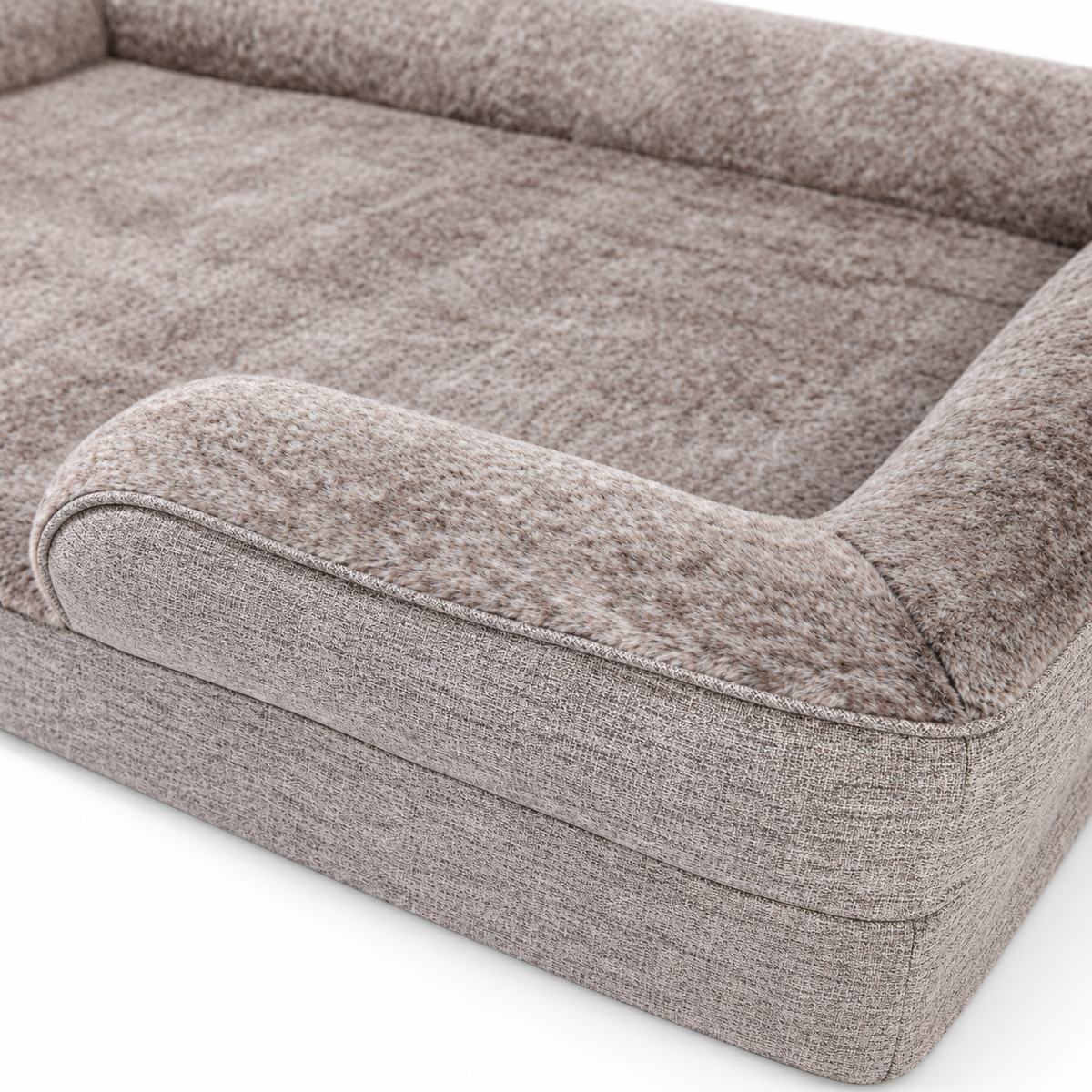 Plush inner fabric, piping and woven outer of the dog bed