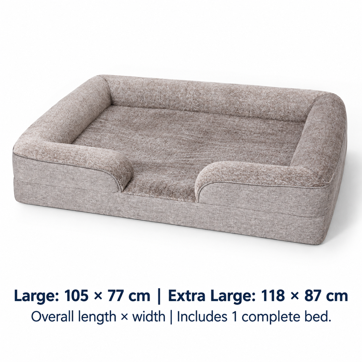 Dog bed sizes: Large 105 by 77 cm and Extra Large 118 by 87 cm overall