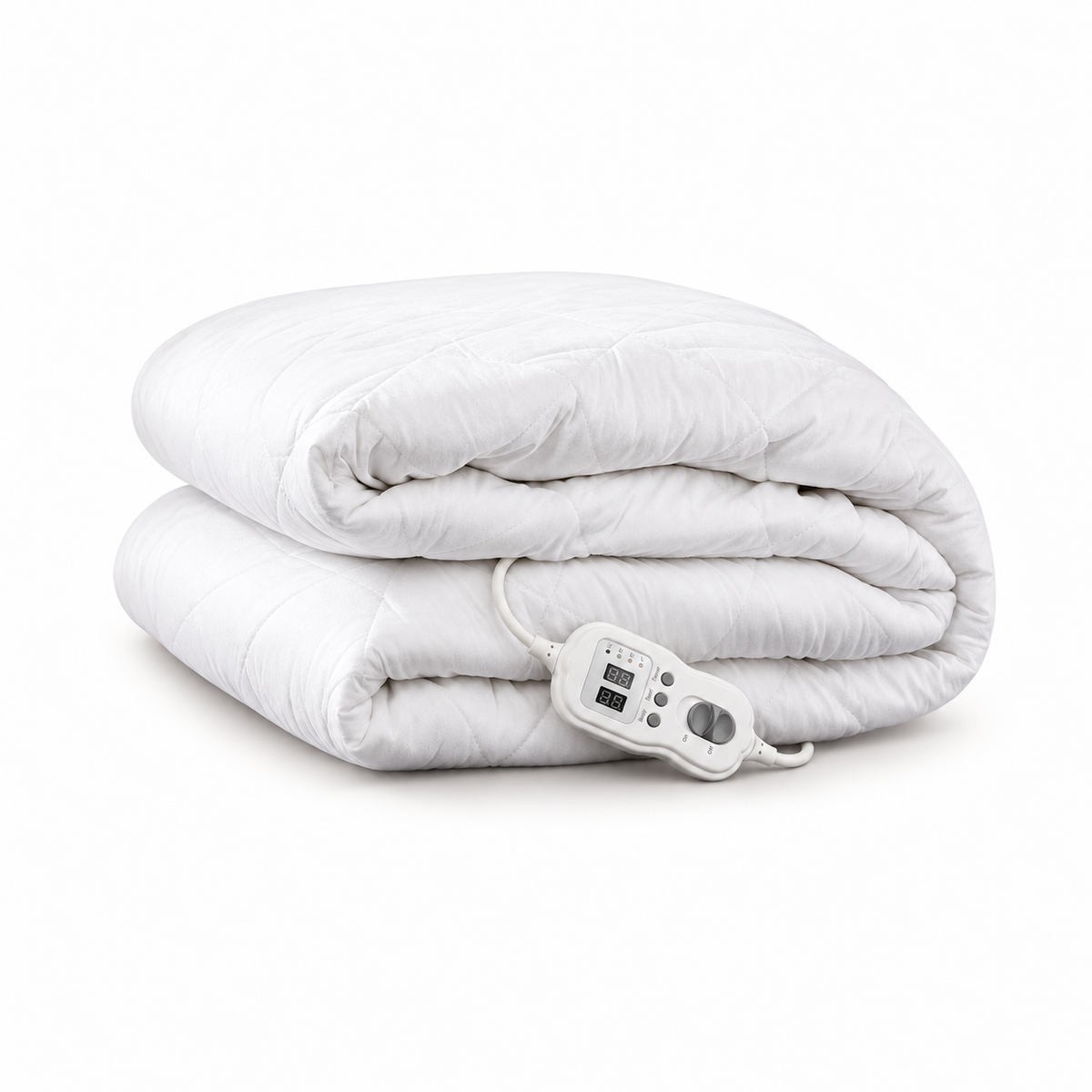 Folded white quilted electric blanket with controller on a white background