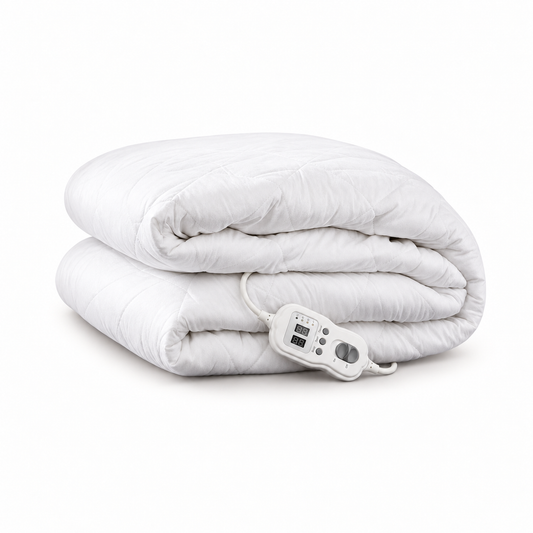 Folded white quilted electric blanket with controller on a white background