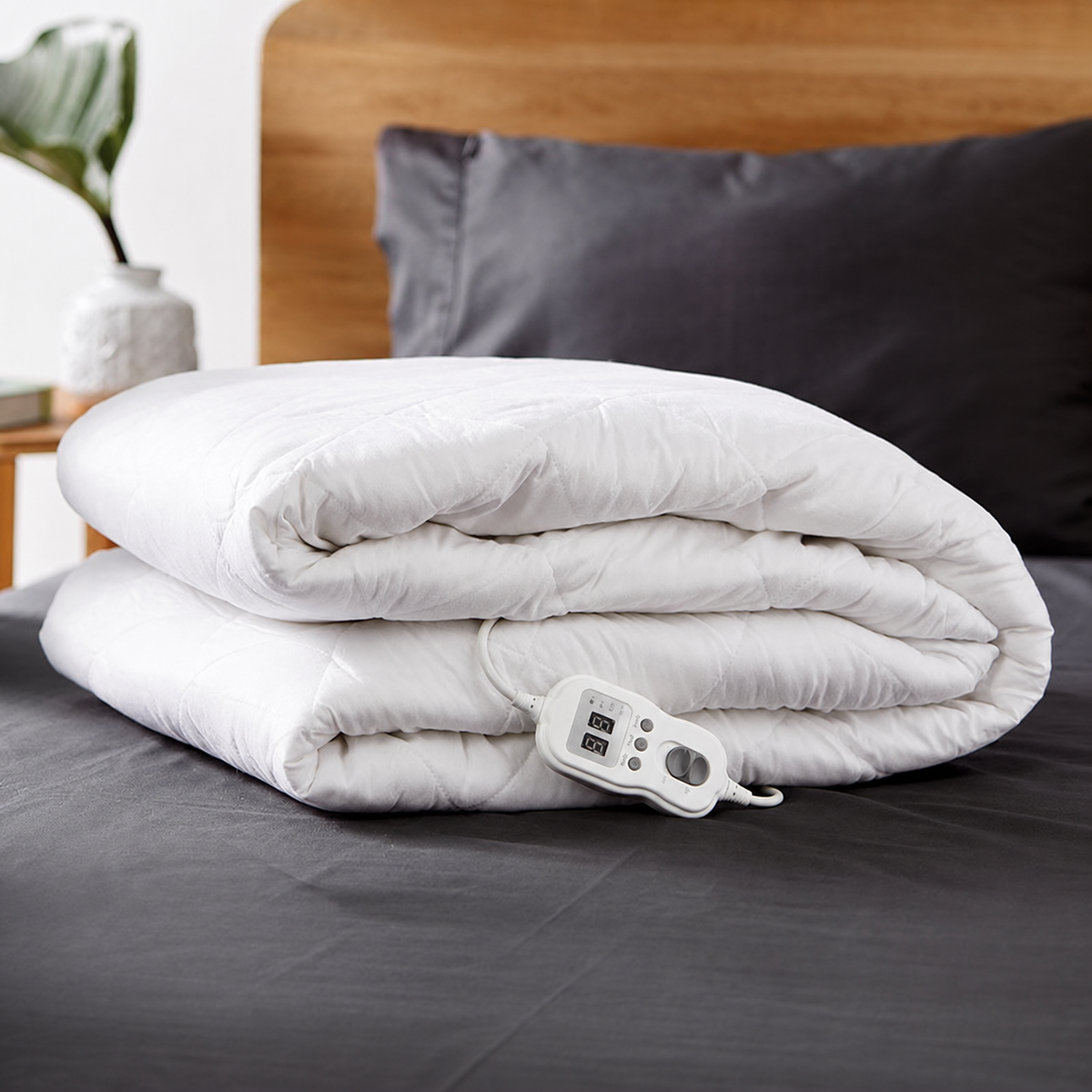 Folded white quilted electric blanket resting on a bed