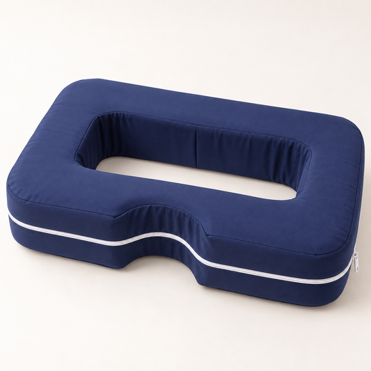Blue chest support pillow with open centre and curved neck notch