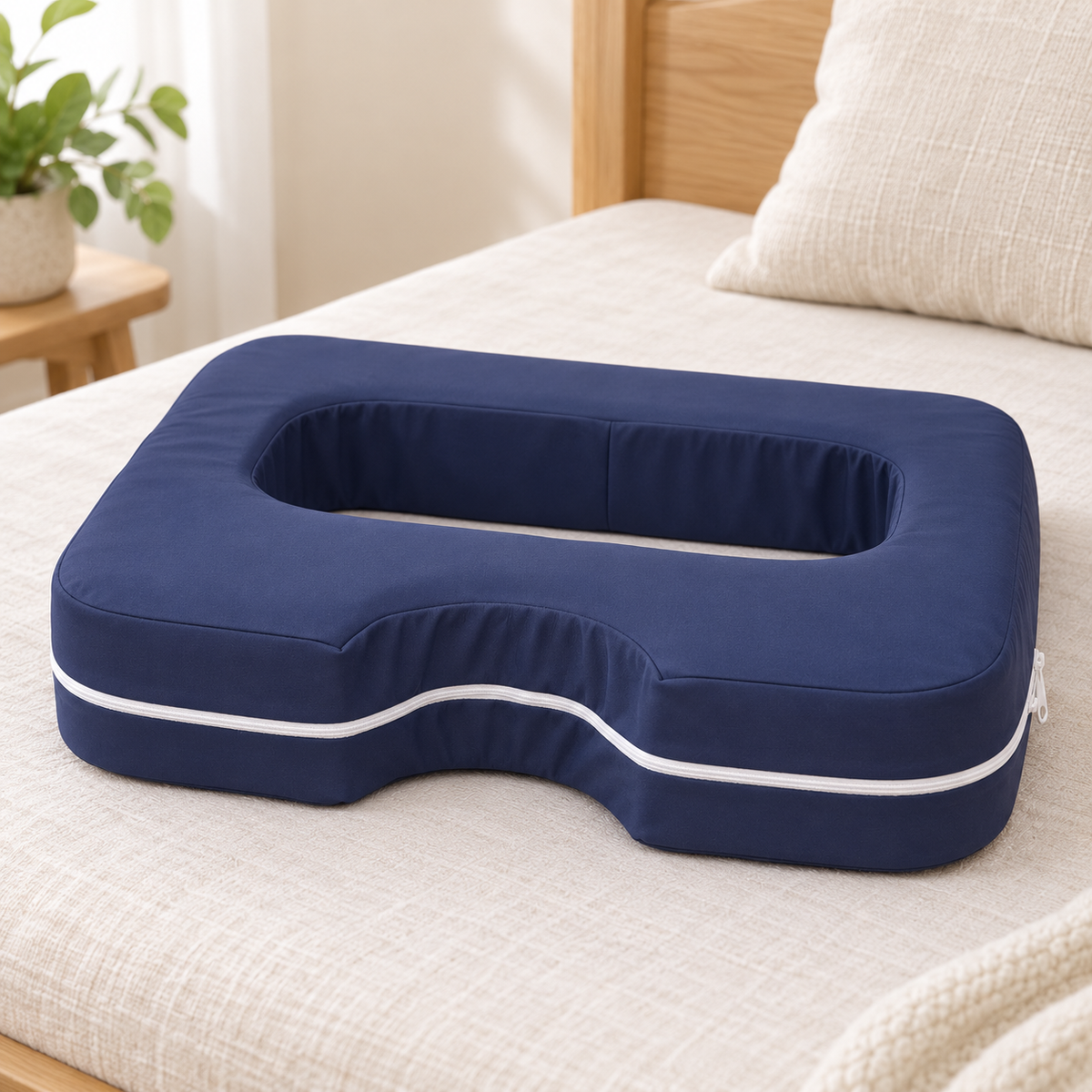Blue chest support pillow on an ivory linen daybed
