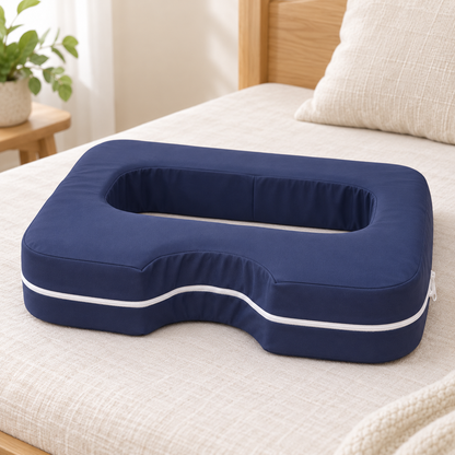 Blue chest support pillow on an ivory linen daybed