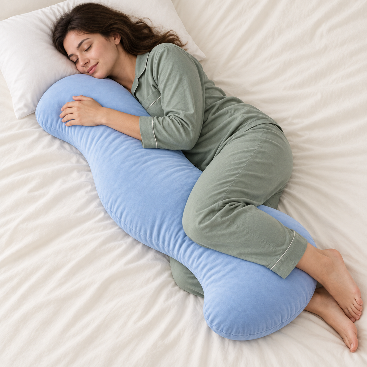Side sleeper hugging the blue curved body pillow