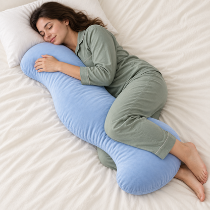 Side sleeper hugging the blue curved body pillow