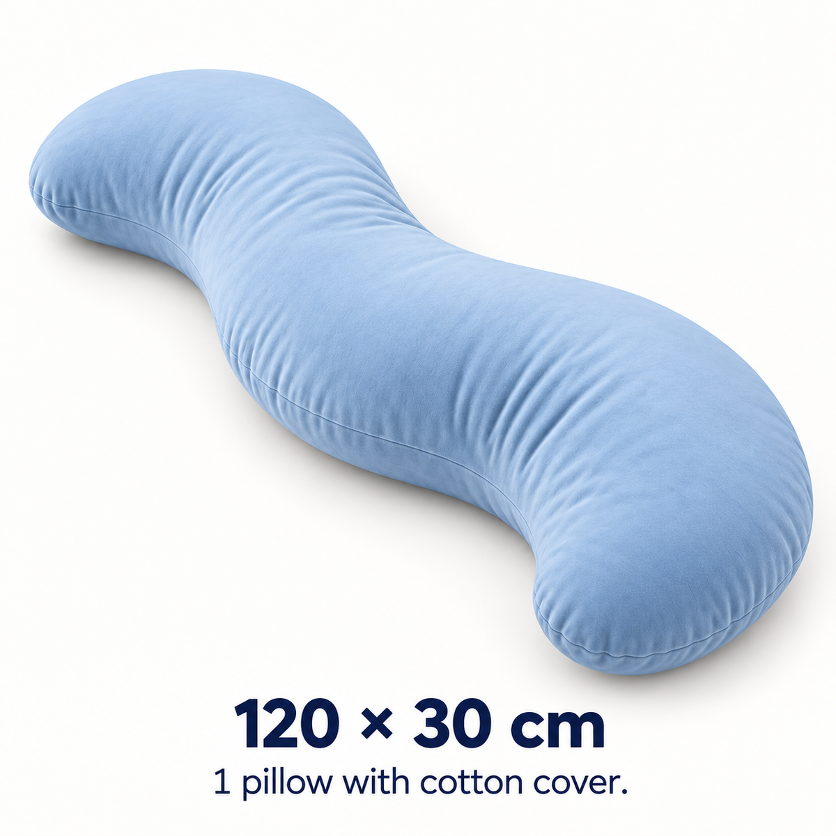 Curved body pillow, 120 by 30 cm, with cotton cover