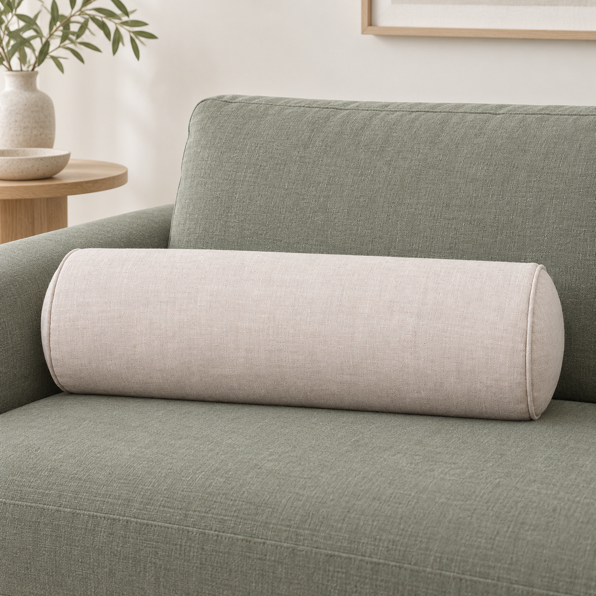 Natural linen bolster cushion styled on a eucalyptus-colour sofa