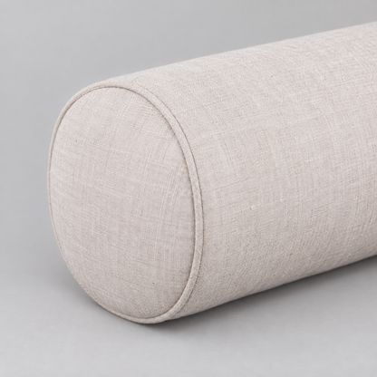 Close-up of the natural linen weave and circular bolster end seam