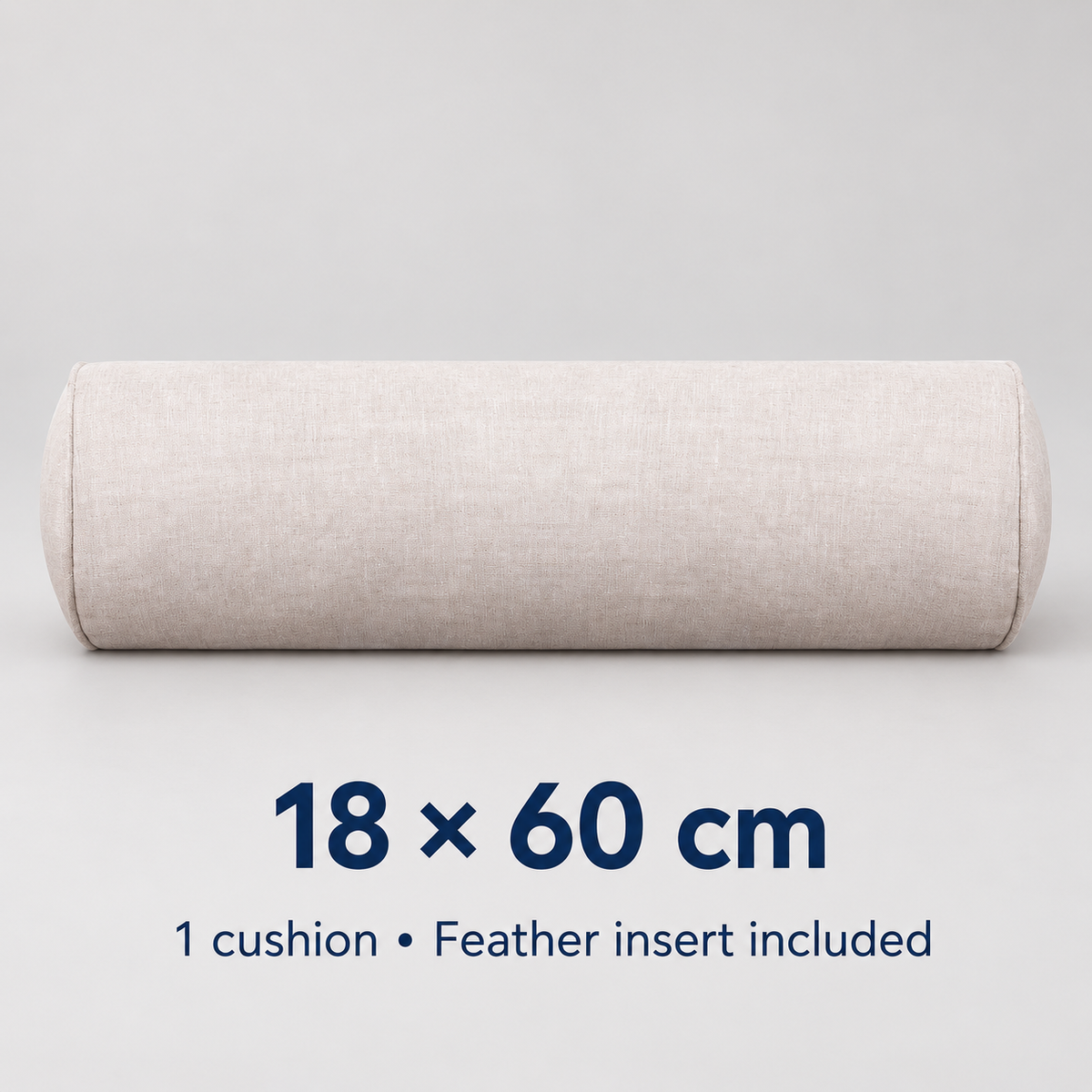 Natural linen bolster cushion measuring 18 by 60 centimetres, feather insert included