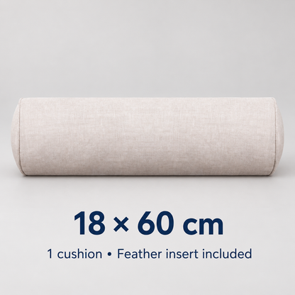 Natural linen bolster cushion measuring 18 by 60 centimetres, feather insert included