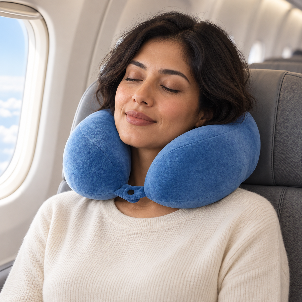 Woman seated on a flight wearing the blue travel neck pillow