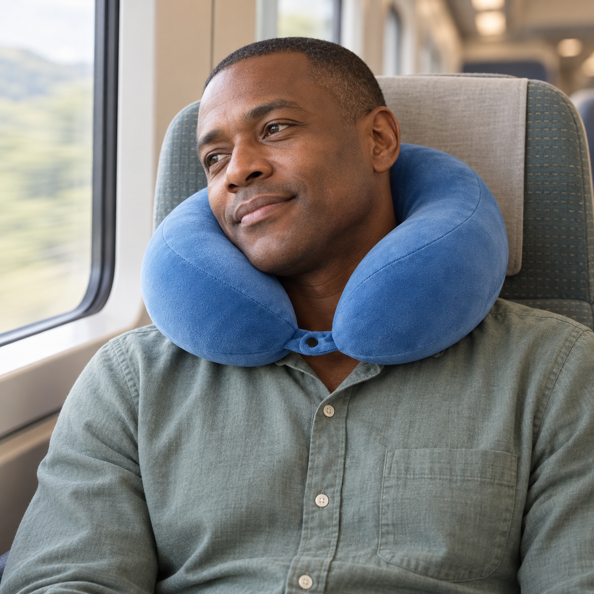Man relaxing in a train seat with the blue travel neck pillow
