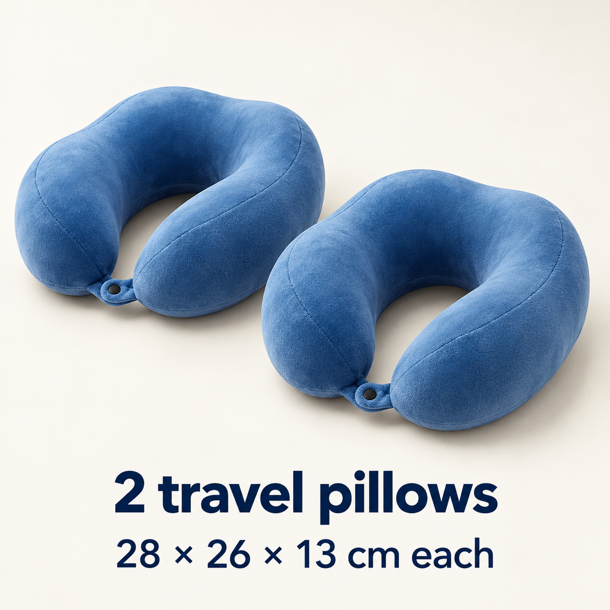 Two travel neck pillows, each measuring 28 by 26 by 13 centimetres