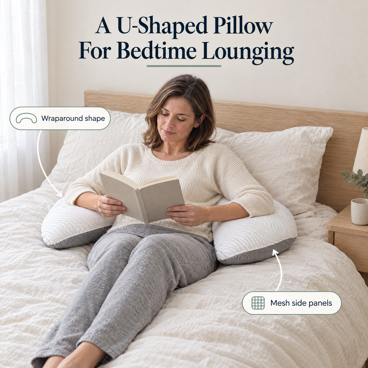 Woman reading in bed with the white and grey Somvane U-shaped body pillow around her back and forearms.