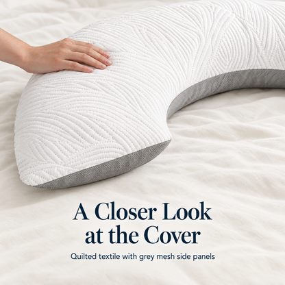 Close view of the white patterned cover and grey mesh panel on the Somvane U-shaped body pillow.