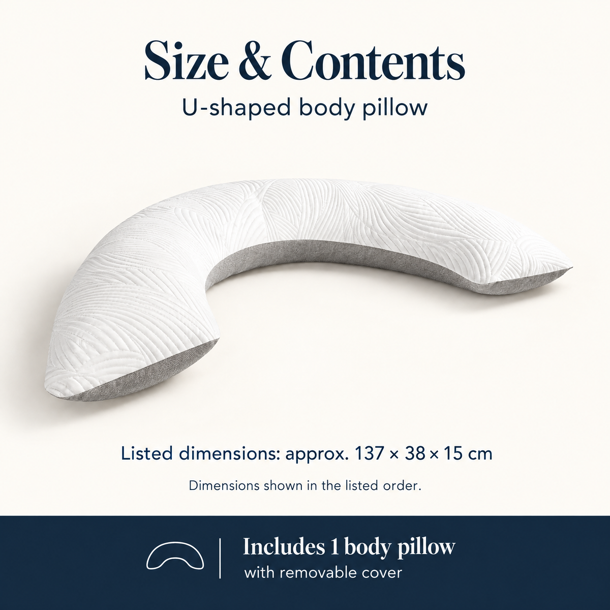 Somvane U-shaped body pillow with its approximate listed dimensions and included contents.